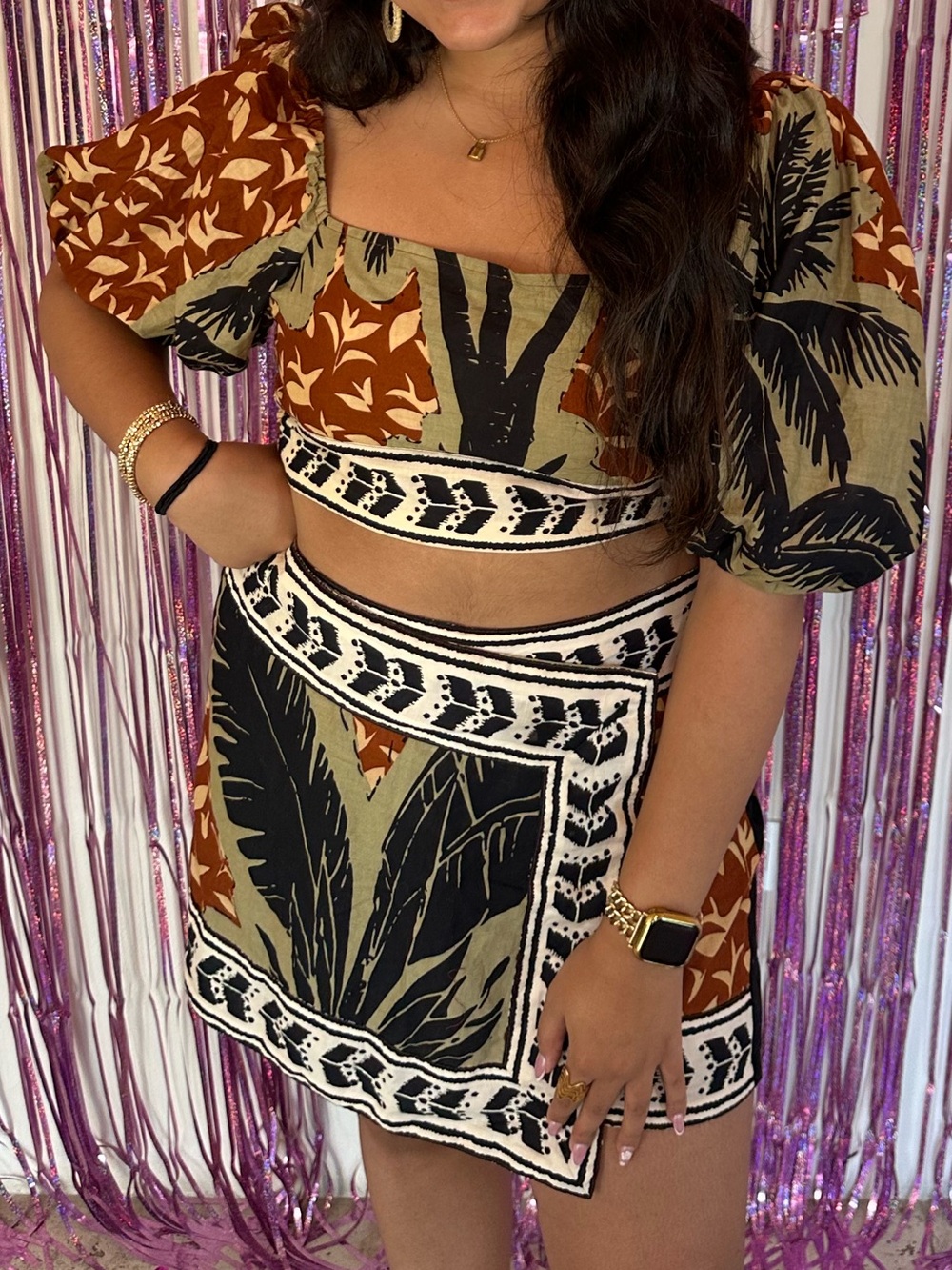 Tropical Two-Piece Crop Top & Mini Skirt Set - Olive, Rust & Black